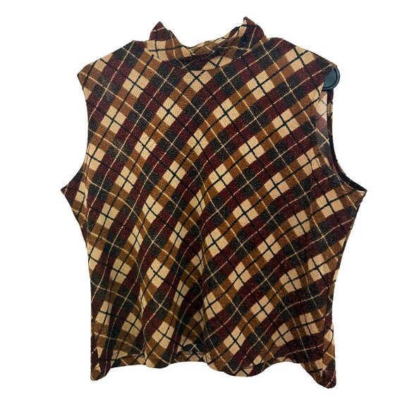Vintage Plaid pattern brown turtle neck top, fall sleeveless blouse - Picture 1 of 8